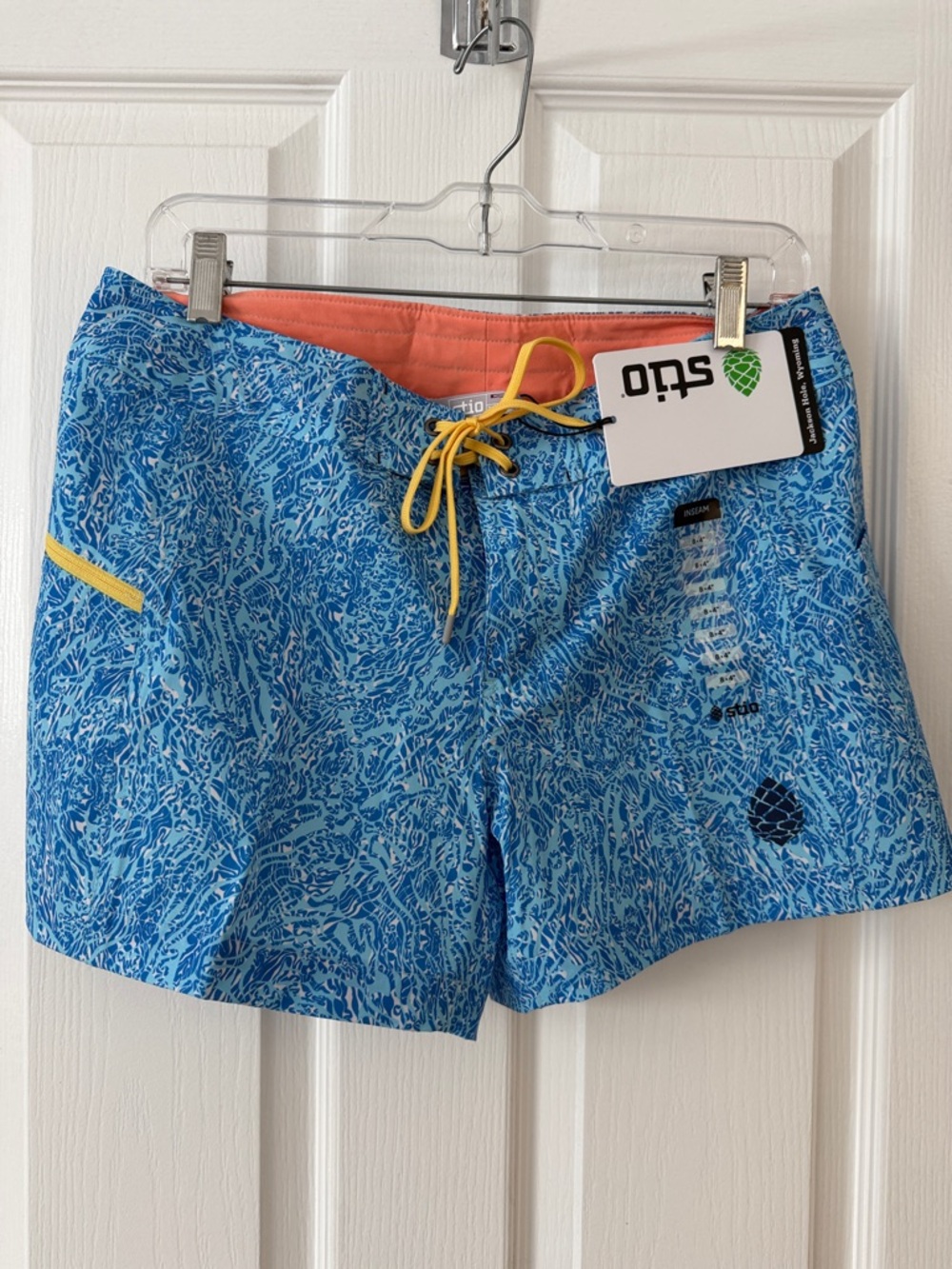 Stio Blue Printed Women's Swim Shorts with Coral Liner and Yellow Drawcord